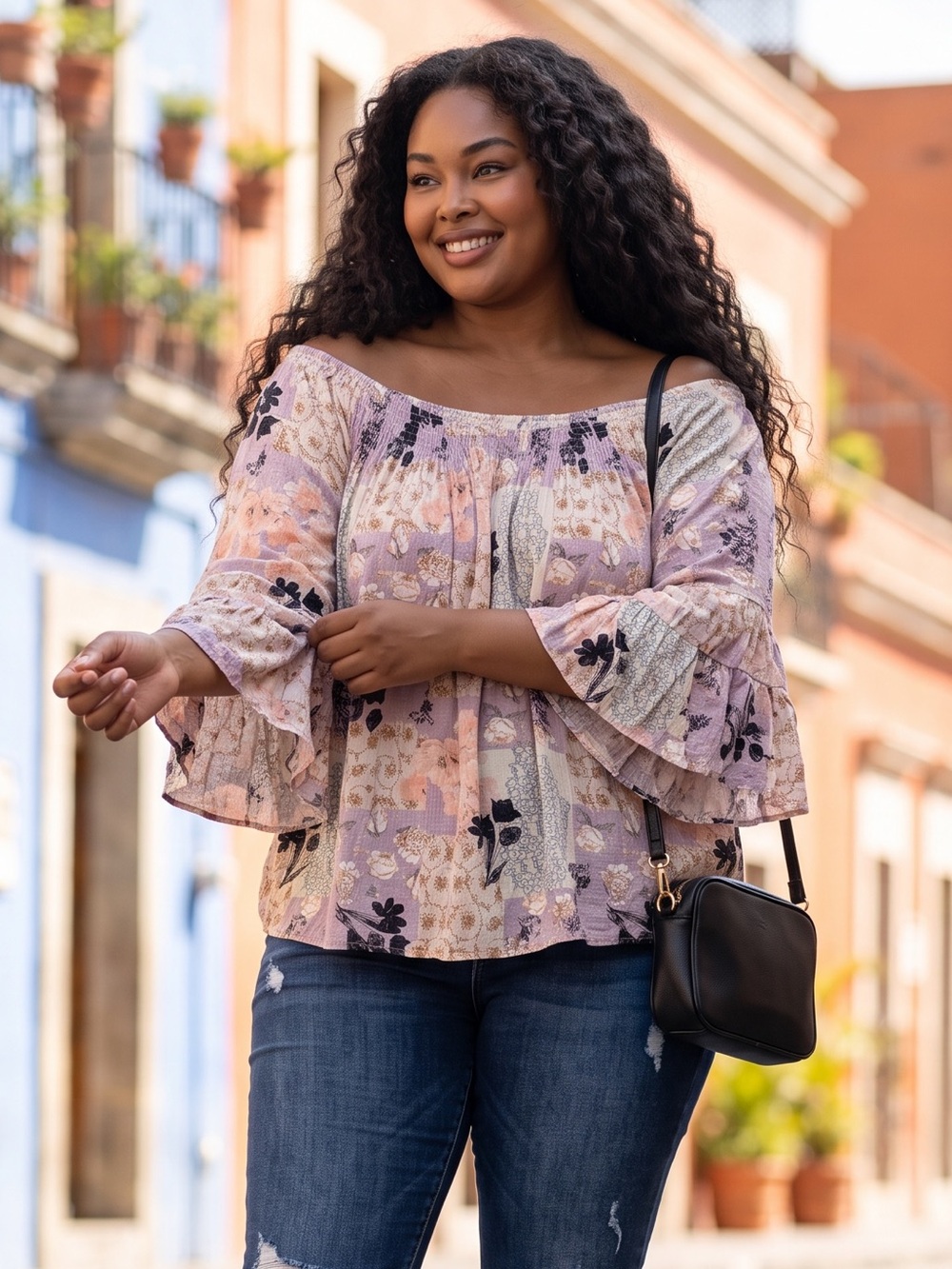 Plus Size Lavender Floral Off-Shoulder Bell Sleeve Blouse